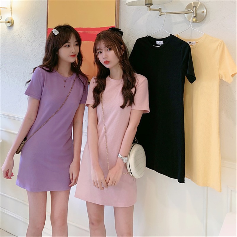 Real shot 95% cotton 5% spandex high elastic slim fit small medium long short sleeved T-shirt skirt women's solid dress