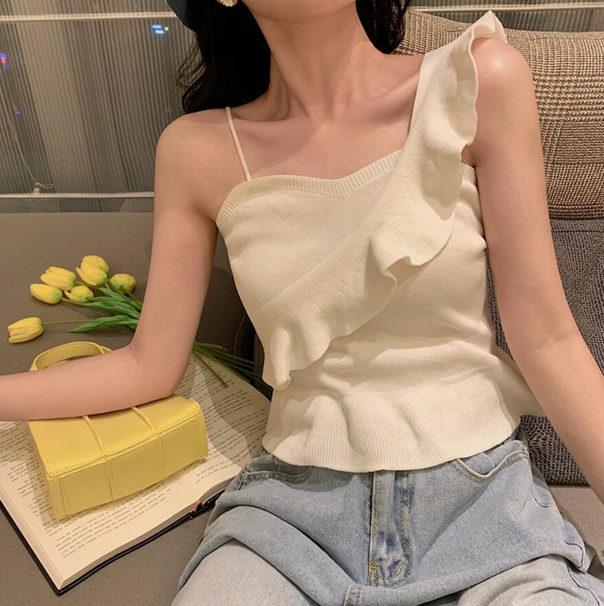 Net red live broadcast clothes sexy female anchor clothes ruffled backless knitted high waist vest short suspender top
