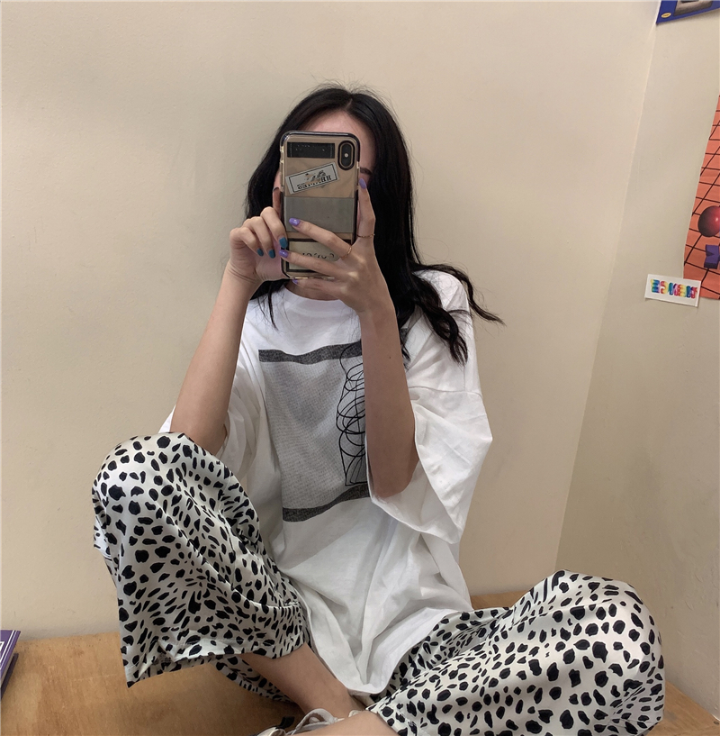 Real price loose print short sleeve T-shirt + leopard print straight tube wide leg casual pants