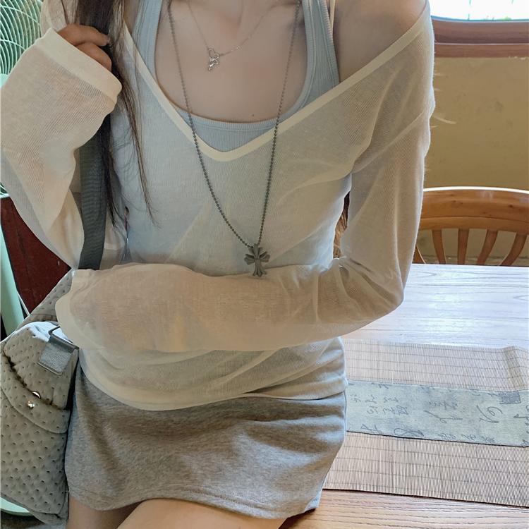 V-neck sun protection long-sleeved T-shirt slimming and figure-hugging halter top for women 