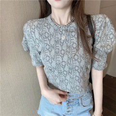 Official figure bubble sleeve short top women's summer clothes new Hong Kong chic letter