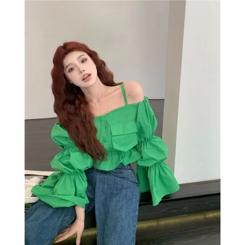 One-shoulder puff sleeve shirt women's autumn design niche French solid color niche sweet and chic shirt top