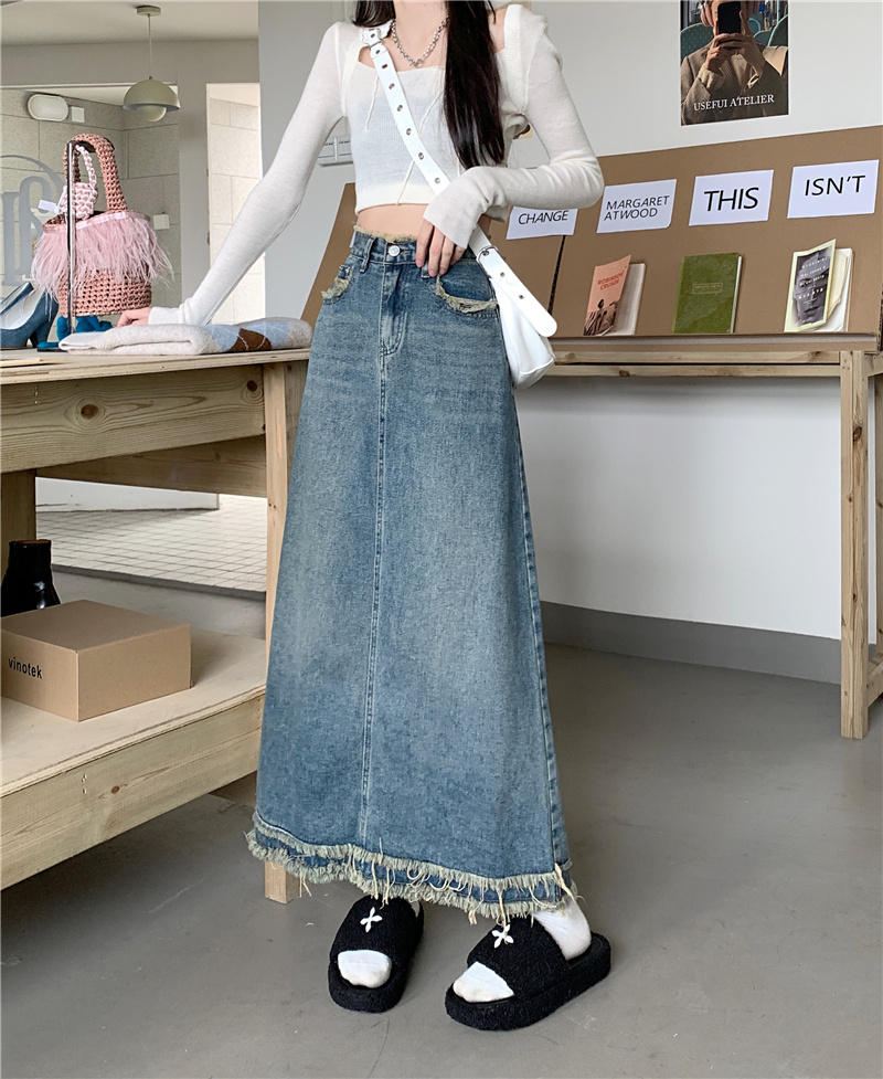 Actual shot and real price~Korean style niche high-waist raw edge retro A-line denim skirt
