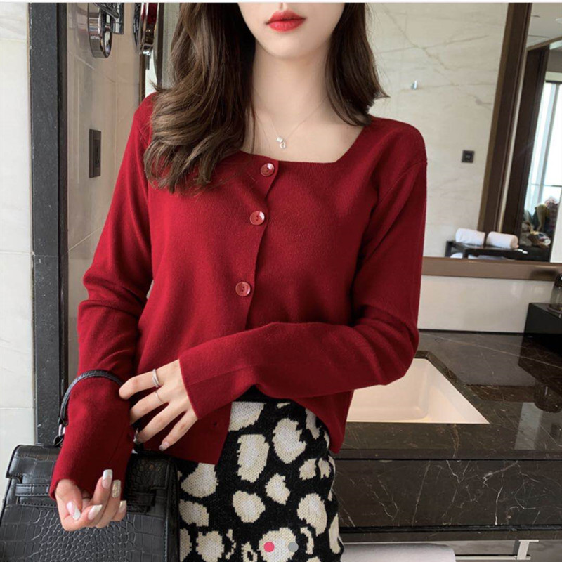 Square collar bottoming shirt women's long sleeve 2020 spring and autumn winter new loose sweater cardigan jacket Knitted Top