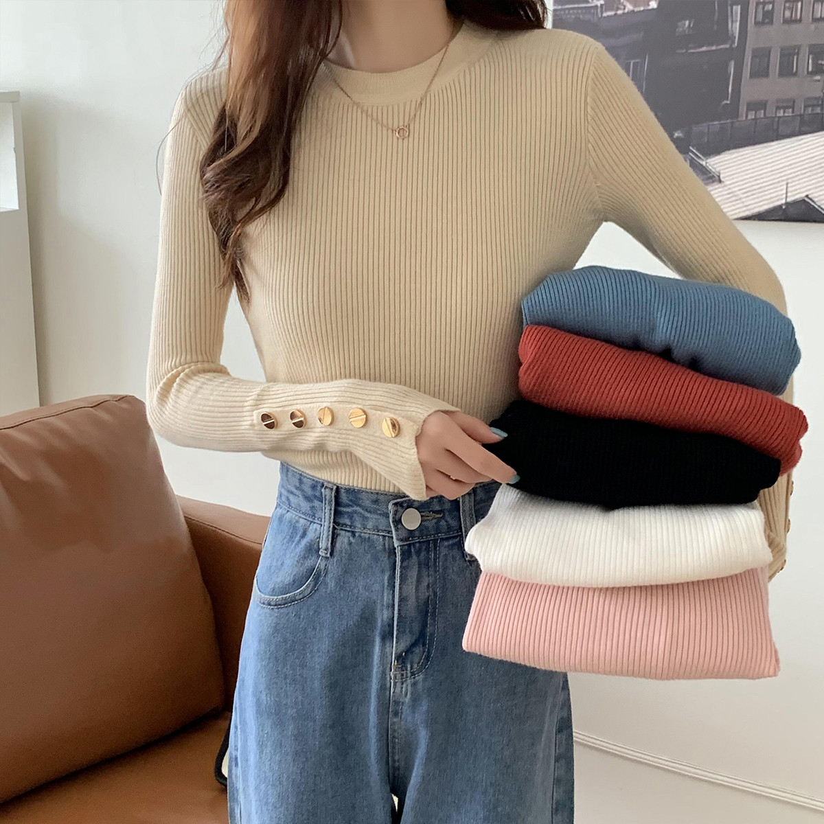 Real shooting autumn and winter long sleeves with velvet to show thin, tight backing, Korean slim fitting knitting, wearing a versatile coat outside