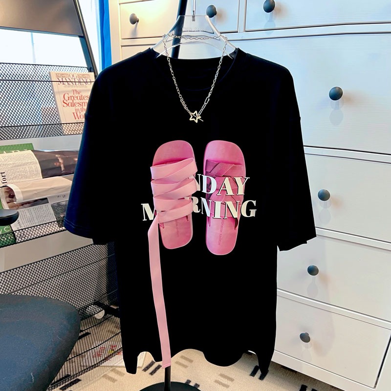 Real price pure cotton back wrap collar slipper strap three-dimensional printing women's Summer Short Sleeve Black T-Shirt fashion