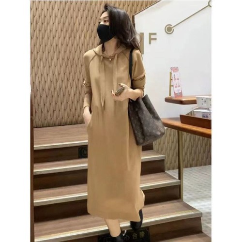 Amazon Autumn and winter hooded sweater dress long over the knee plus size thick Korean version loose and thin dress trendy