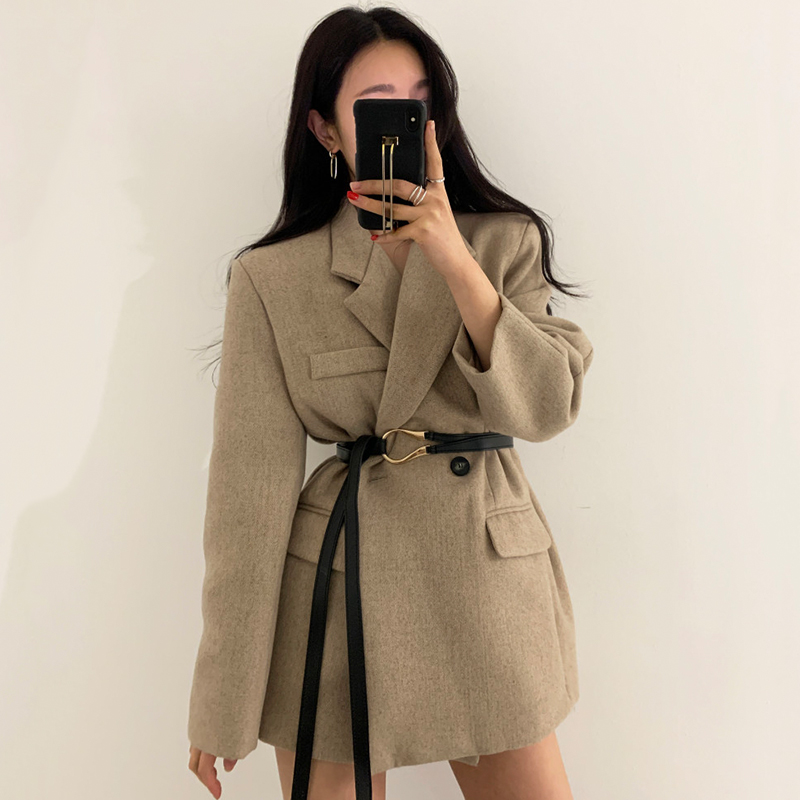 Suit collar two button design slim long sleeve tweed coat with girdle