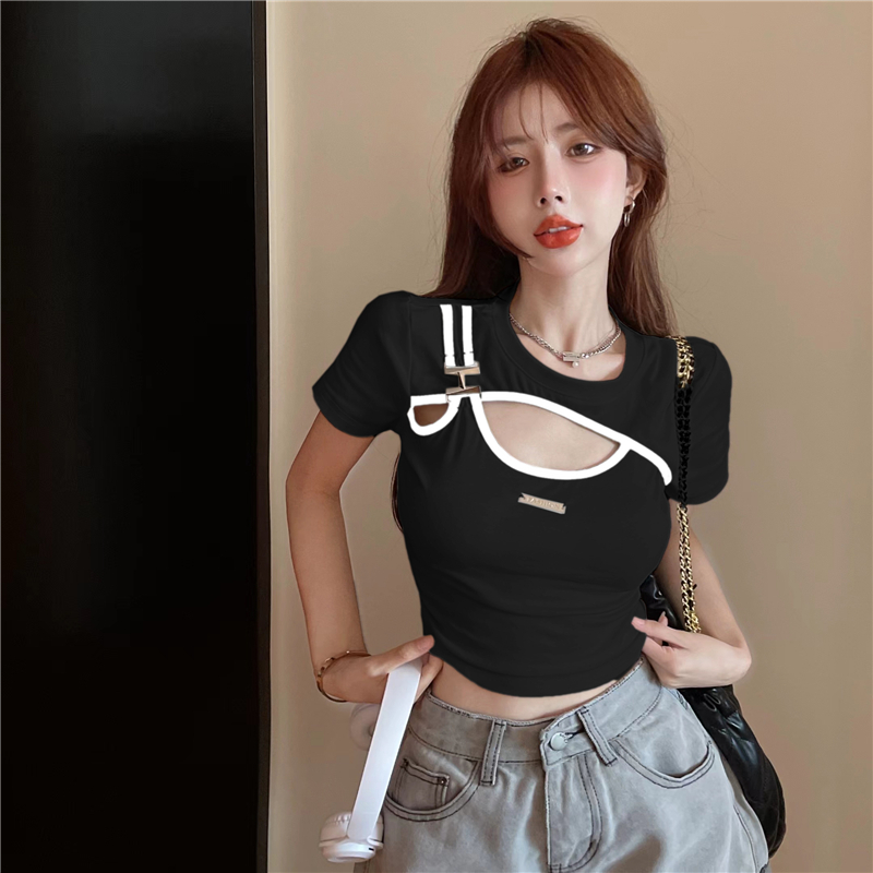 220g Thread-Tummy Cover Fake Two-Piece Short-sleeved T-Shirt Looks Slim Hot Girl Short Top Design Metal Buckle