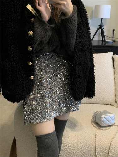 Real shooting real price ~ autumn and winter new gray high-end sequined skirt sexy pure desire wind A sub skirt package hip skirt