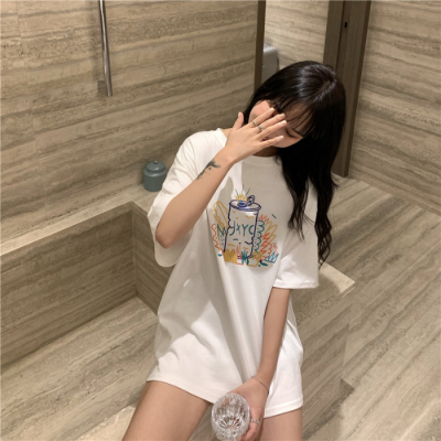 Summer Korean new loose middle long children's graffiti girl short sleeve T-shirt top female student