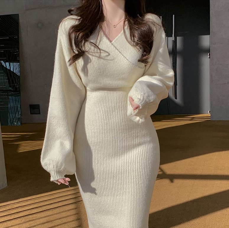Korean chic autumn winter V-neck cross wrap hip skirt split medium length knitted dress