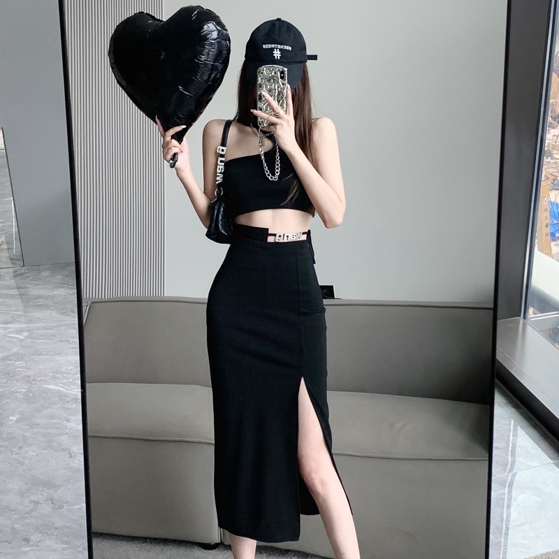 Irregular bandage split skirt female design sense of niche sexy hip wrap skirt medium length high waist A-line skirt