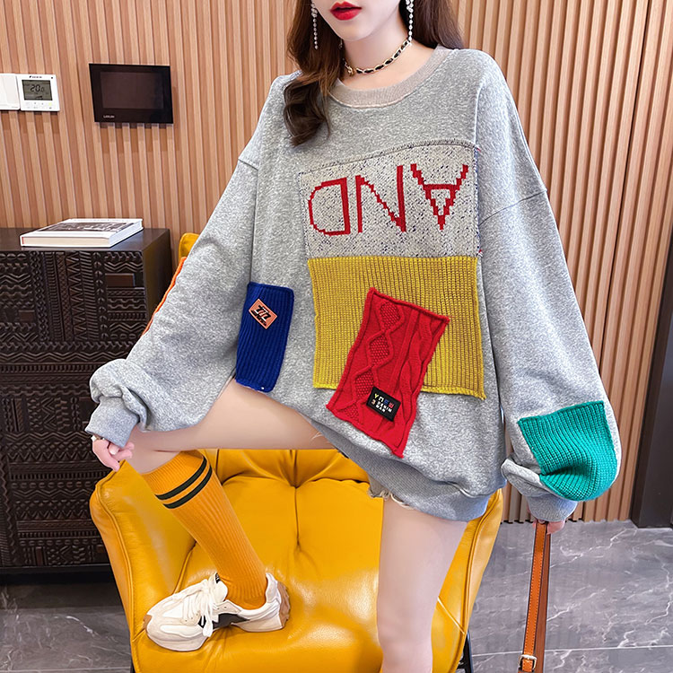 Real shot spring 75 polyester fiber 25 cotton new loose color matching thin section sweater women