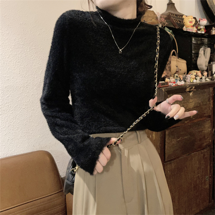 Real price real shot imitation mink velvet half-high collar white sweater women's autumn and winter new thickened slim bottoming top
