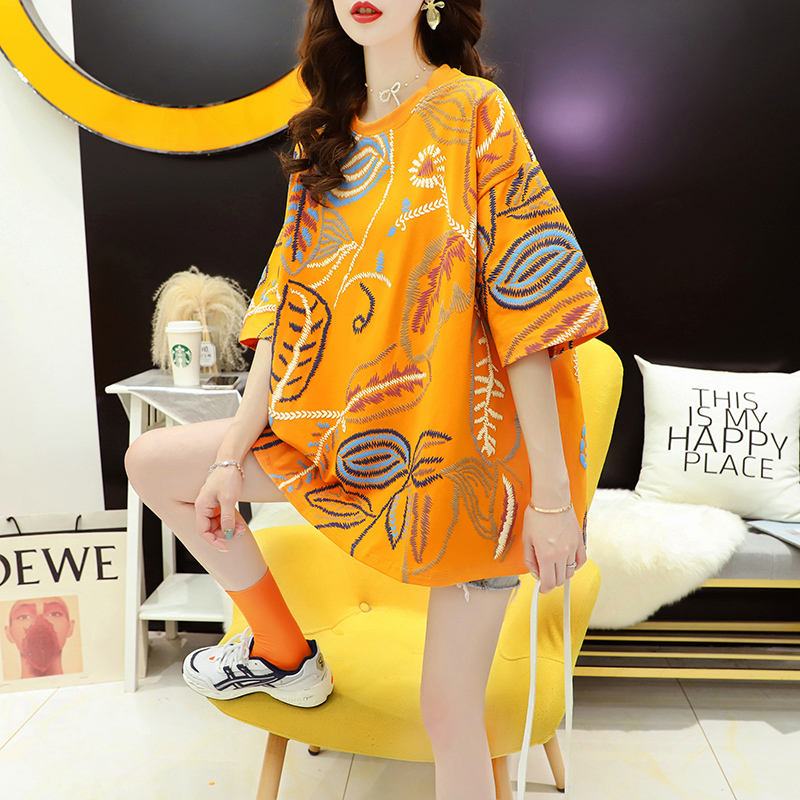 Fried street trend Korean cotton mid-length loose 2023 new print short-sleeved t-shirt women's large size women's top