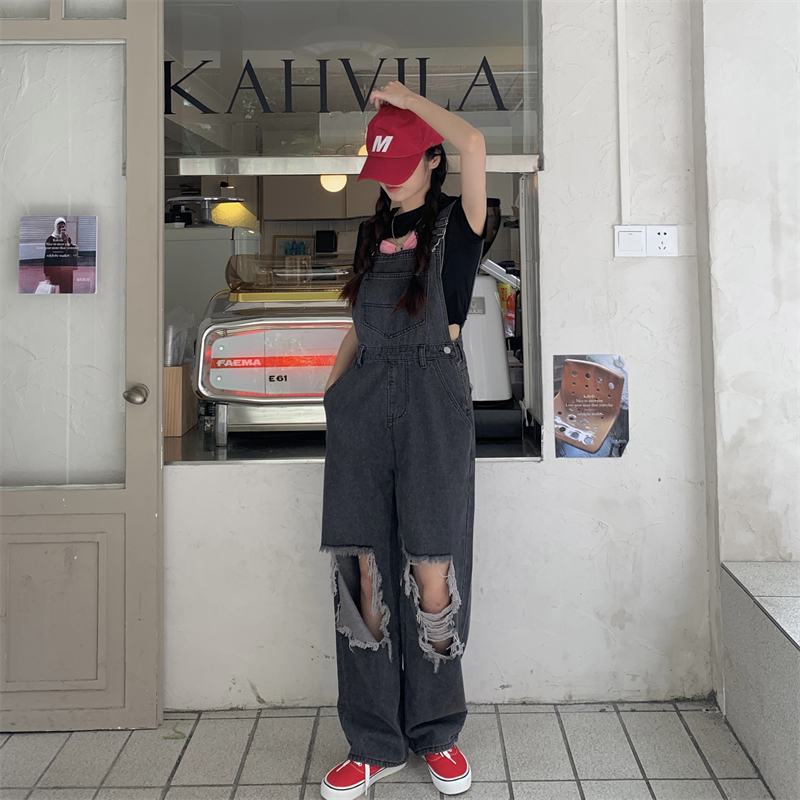 Real shots of ripped denim overalls high waist wide legs slim trousers design fat MM pants S-5XL200 catties