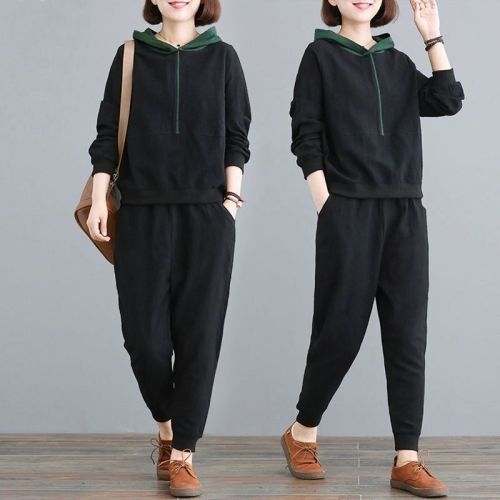 Leisure sports suit women's loose new hooded fashion large spring and autumn sweater running clothes 2-piece set
