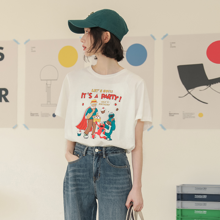Real shooting children's fun color contrast illustration design sense of retro summer new loose leisure versatile short sleeve student t-shirt female