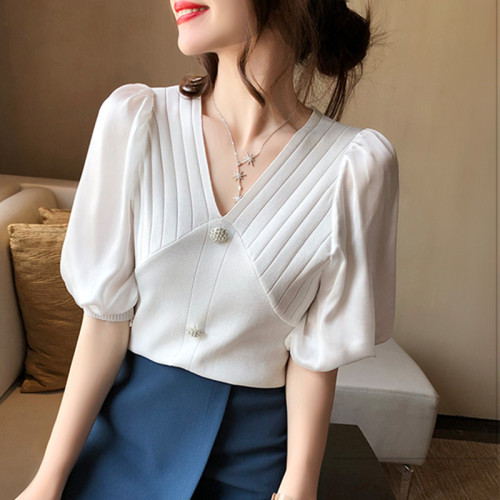 Ice silk knitted top women's thin style 2020 summer new style elegant short sleeve V-neck Chiffon splicing T-shirt