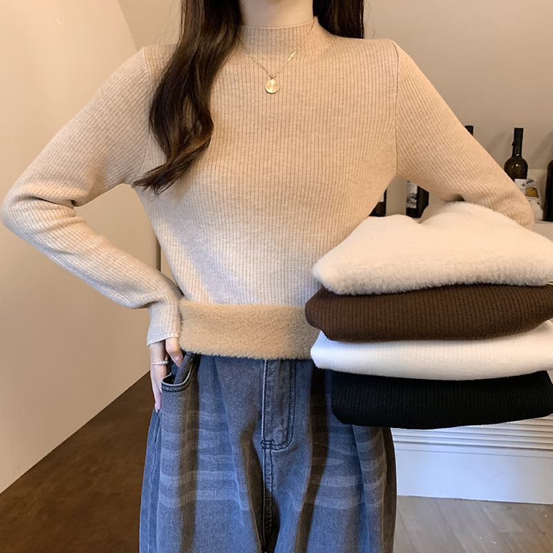Real price real price new plus velvet thick bottoming sweater integrated mink velvet half-high collar knitted sweater