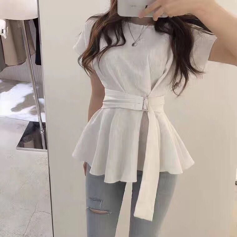 Chic elegant temperament summer new niche Ruffle hem belt show thin short sleeve shirt