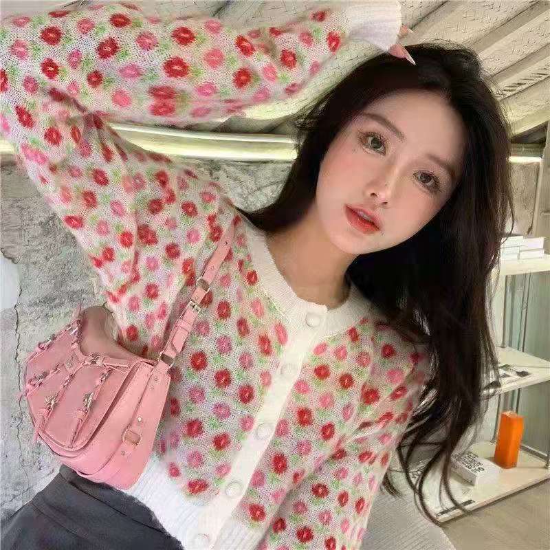 Xiaolu custom small flower short knitted cardigan 2021 new sweater coat small foreign style blouse