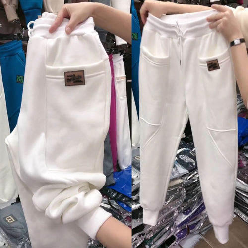 Autumn and winter large loose Plush thickened sports pants guard pants women's versatile casual fat sister bound Harlan pants