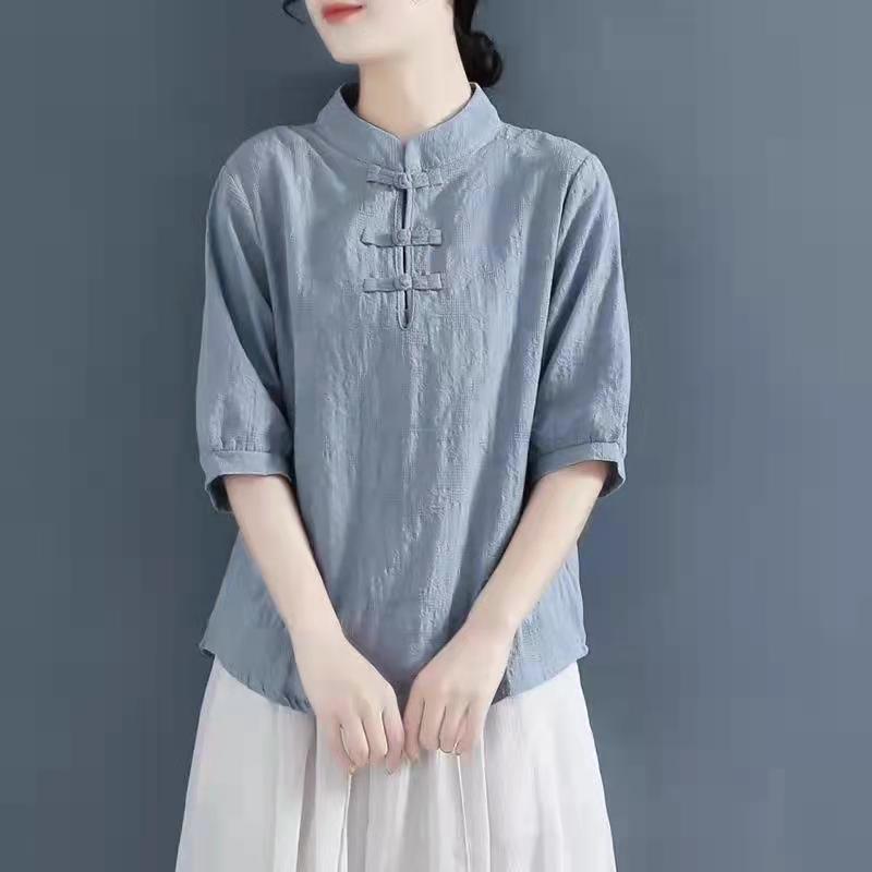 2022 T-shirt summer Vintage coil button cotton linen medium sleeve shirt women's Chinese stand collar loose Pullover