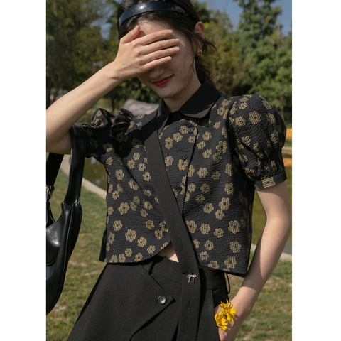 New flower irregular hem short sleeve shirt women's summer retro French short top