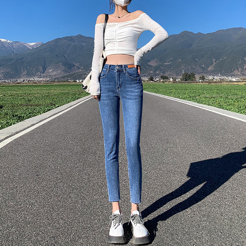 Real shot jeans women's 2022 spring and summer new high waist slim fit slim fit small leg pencil Capris