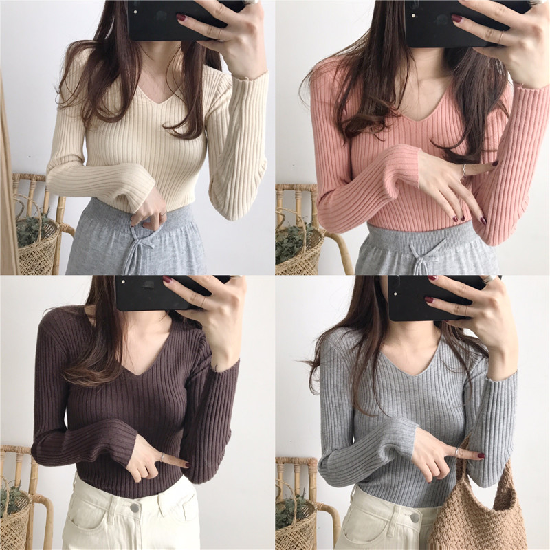 Official figure core spun yarn V-neck knitted bottoming shirt needle top women's autumn and winter new tight knit long clothes