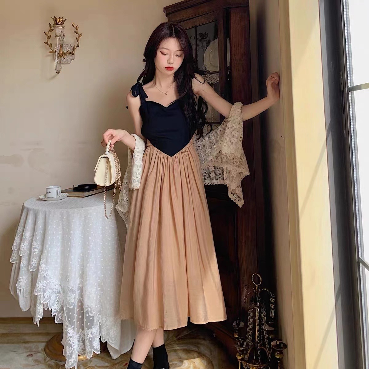 2022 summer x French style suspender dress stitching contrast color high waist thin foreign style medium length skirt