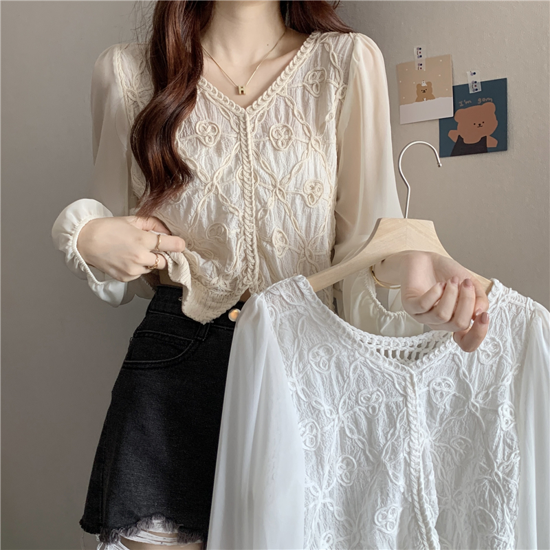 Real shooting and real price new design sense of minority hook flower V-neck Long Sleeve Chiffon shirt women's top