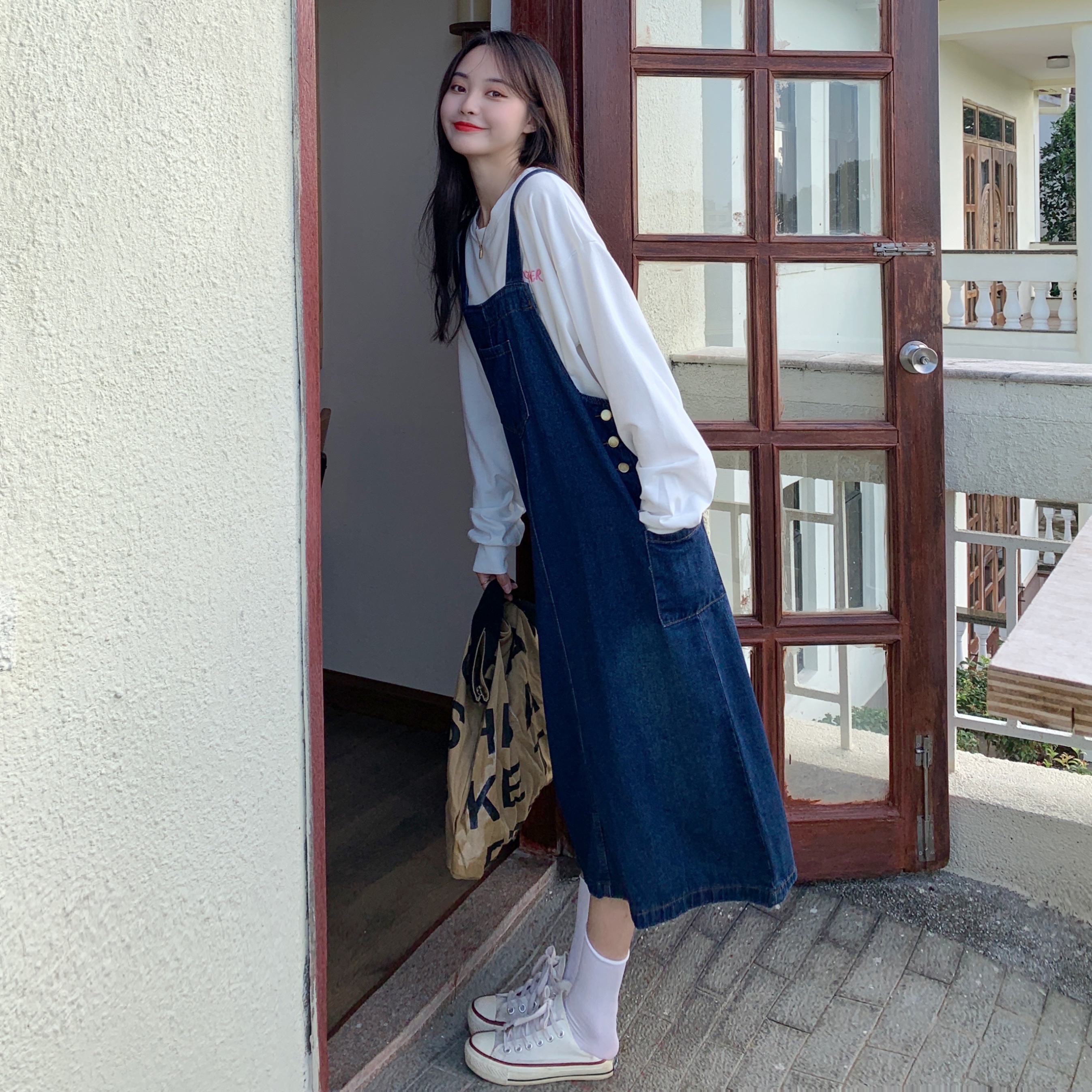 Real shot 2022 spring dress large fat mm loose sweater + denim strap skirt two piece set m-4xl200 kg