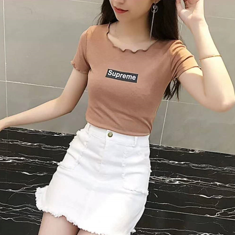 Summer's new slim letter short sleeve T-shirt with ear edge knitted bottom and top for women