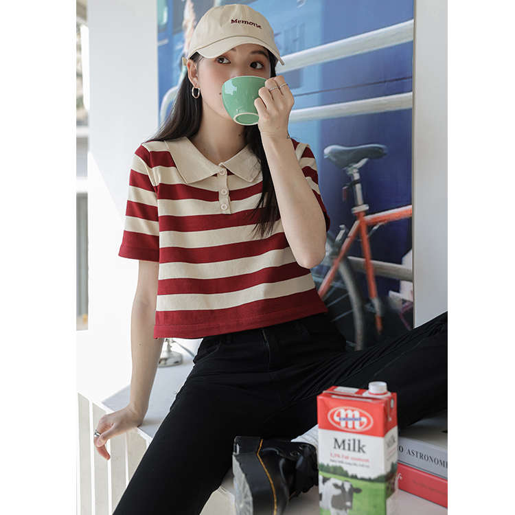 Real shot black and white stripe short sleeve T-shirt women's new summer loose cotton top design sense of minority T-shirt