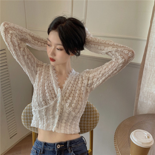 Real shot real price French bubble sleeve V-neck short sleeve top foreign style hollow out flocking lace shirt