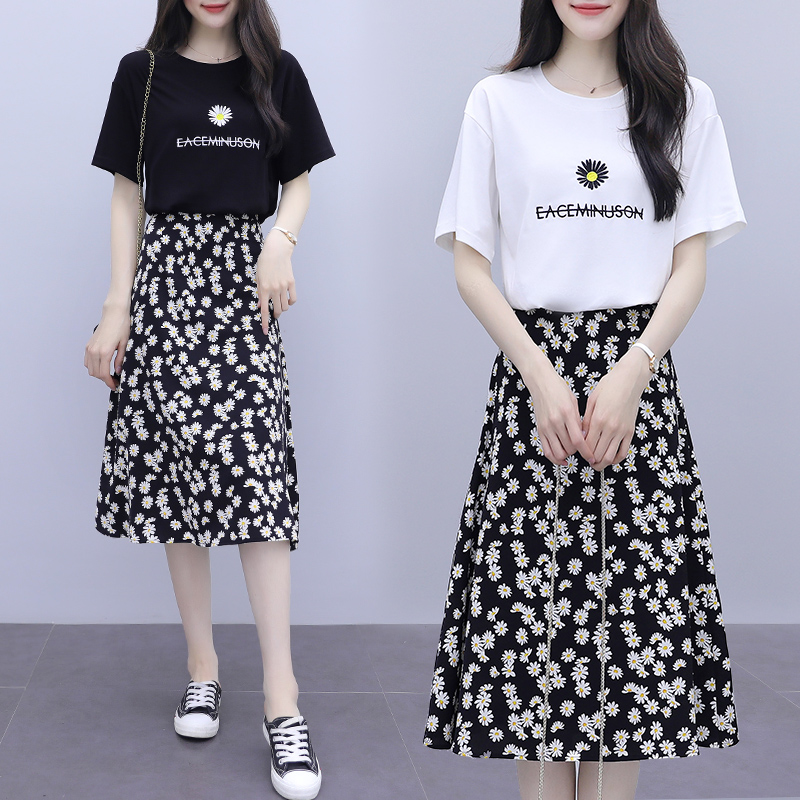Daisy short sleeve T-shirt set women's summer dress new vintage Chiffon floral skirt slim two-piece set