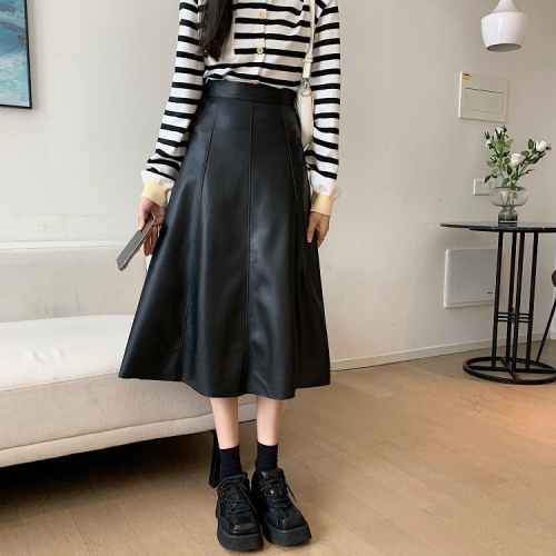 Mid-length PU leather skirt female autumn and winter Korean version  new high waist thin A-line skirt skirt big swing umbrella skirt