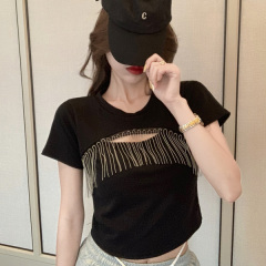 Careful machine tassel short sleeve T-shirt women's cotton real shot