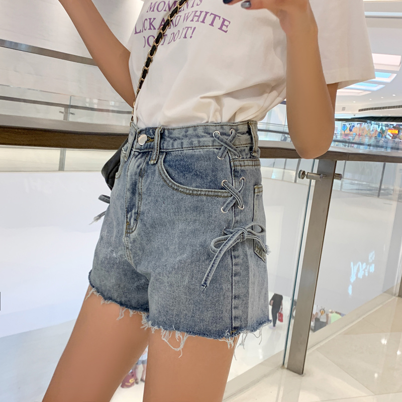 Real shooting #ins super hot Korean version large size fat mm denim super shorts women's high waist thin raw edge bandage trend hot pants