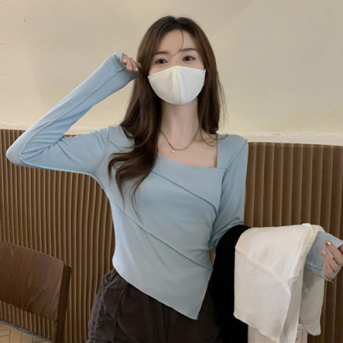 Official figure 90% polyester 10 spandex irregular square neck long sleeve T-shirt autumn Korean version