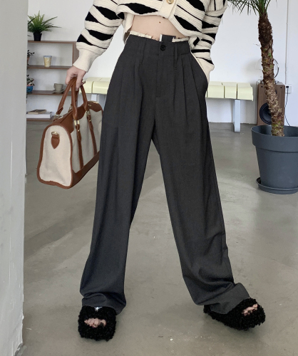 Autumn and winter European station high waist pleated color matching raw edge drape casual mopping wide leg pants women