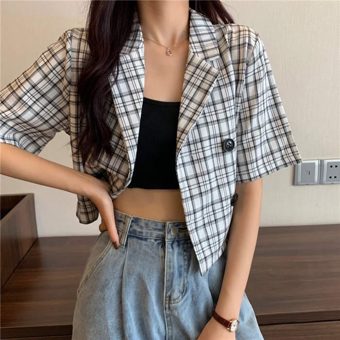 Real price Retro High Waist Plaid suit short style foreign style short sleeve coat women's sunscreen shirt