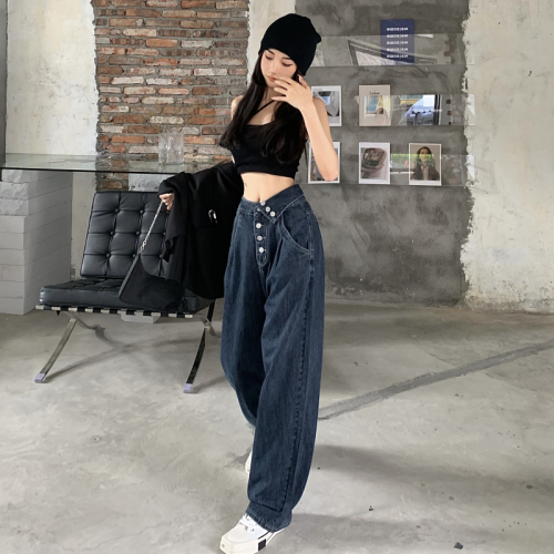 Real price button jeans women's spring and autumn loose wide legs 2021 slim design straight tube mopping the floor