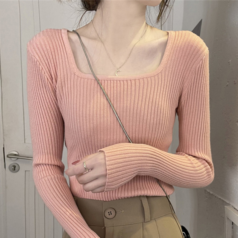 Sexy U-neck V-neck Knitted Top for Women Autumn and Winter Fashionable Underwear Slim Fitting High-end Feeling Sweater Low Neck Top 