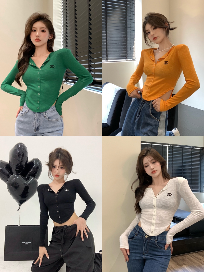 Real shot Hong Kong style embroidery slim fit and thin short threaded long-sleeved T-shirt shoulder pad bottoming shirt ins showing chest and navel top