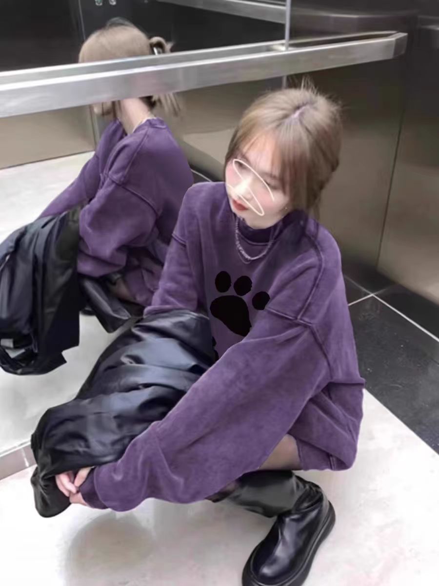 Women's loose and lazy long-sleeved purple crew neck sweatshirt
