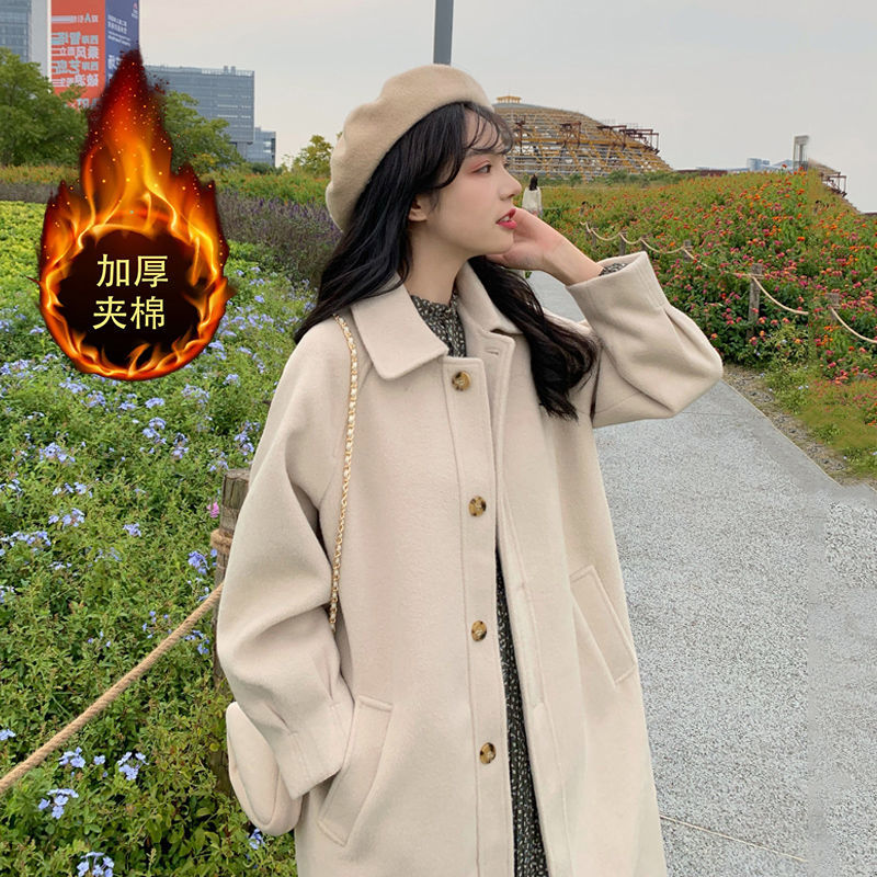 Popular mid-length woolen coat women's button autumn and winter new temperament small man thickened quilted jacket women